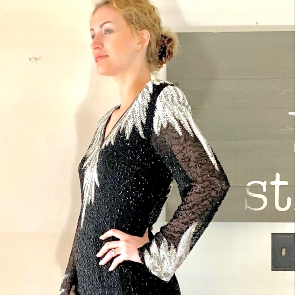 Vintage Oleg Cassini BLACK TIE  Formal SILK Gown Occasion Event Evening Sequined - Picture 6 of 16